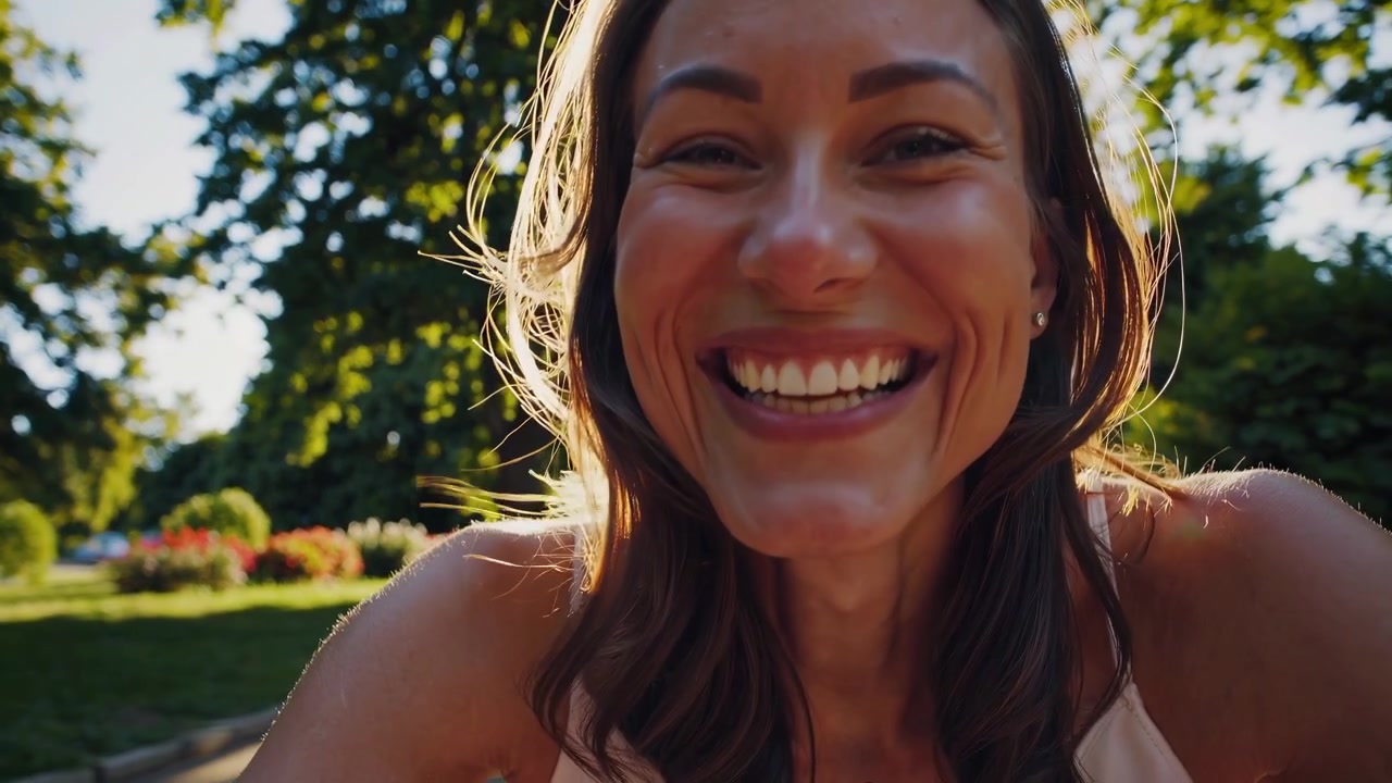Mujer joven sonriendo y riendo alegremente en un parque soleado
