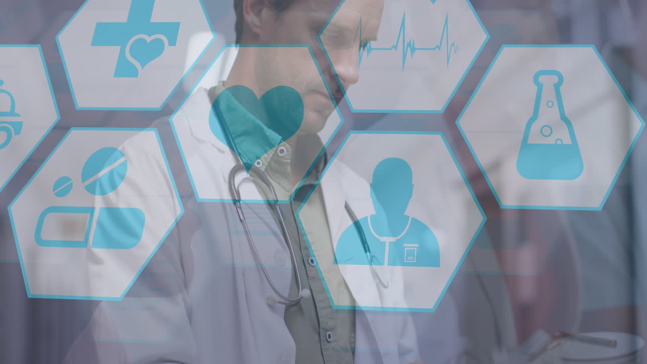 animación de la red de conexiones e iconos médicos sobre el médico caucásico masculino