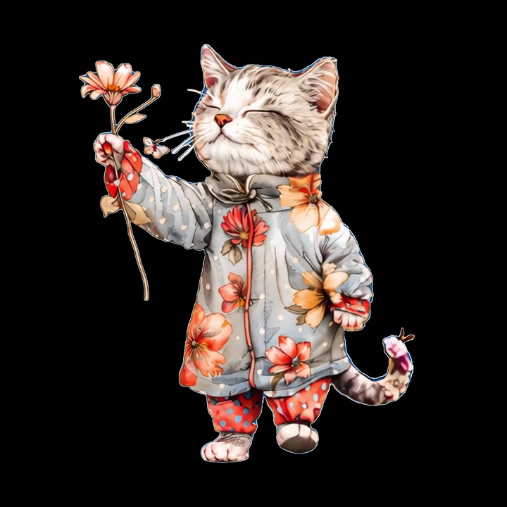 Adorabile Gatto Animato con Cappotto Floreale che Tiene un Fiore