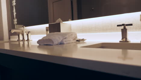 footage of a double vanity, brushed nickel faucets, a hand towel, and kleenex box, set on a marble countertop