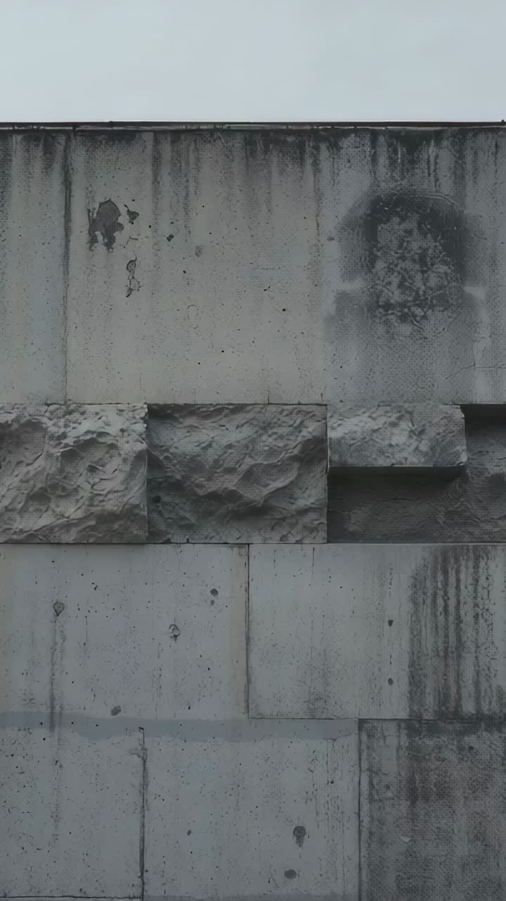 Vertical video: Holding camera framing worn concrete wall at facade, showing stone band and stains