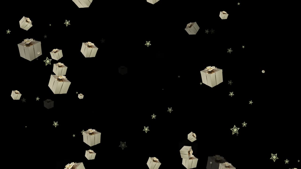 4k абстрактная петля летящая золотая подарочная коробка на черном фоне