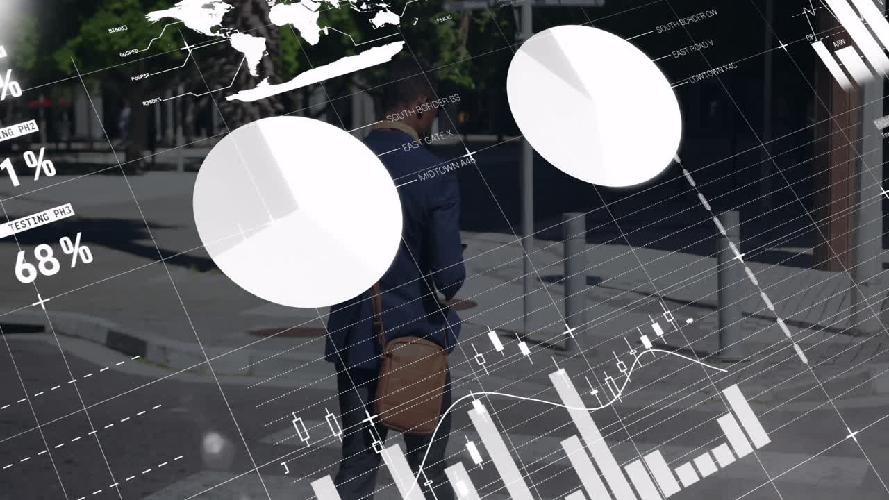 Financial data charts and graphs animation over people walking in urban area