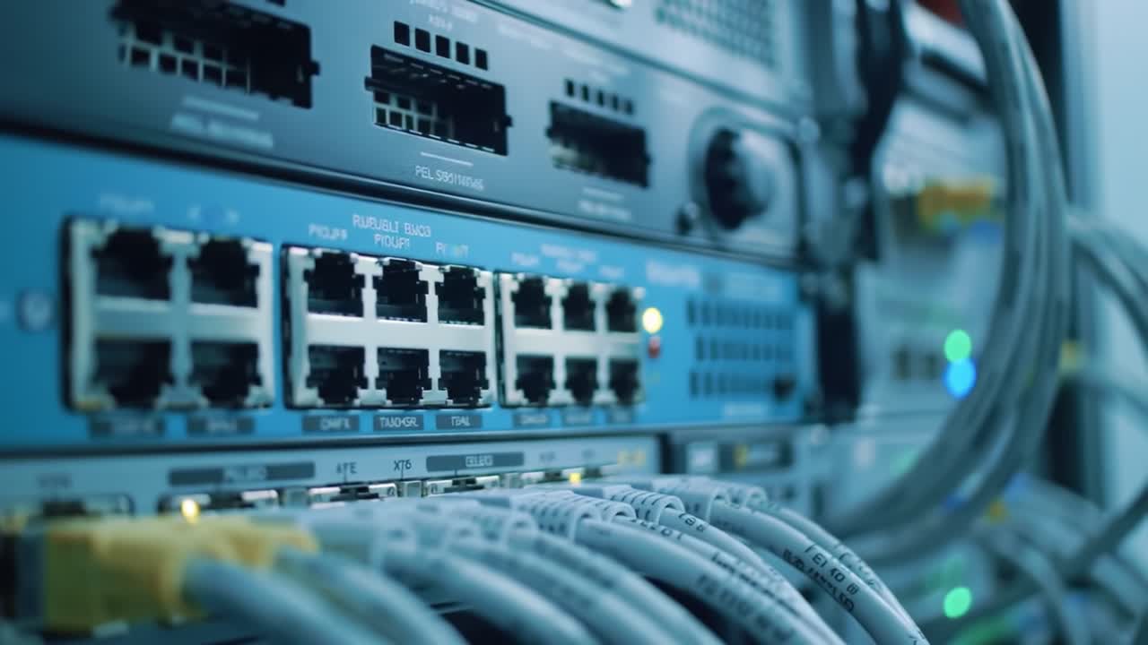 A detailed look at advanced networking devices arranged in a server room. Cables connect various ports while indicator lights show operational status.