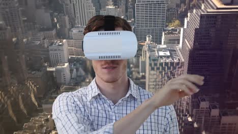 animation of man smiling wearing vr headset using virtual interface, over modern city buildings