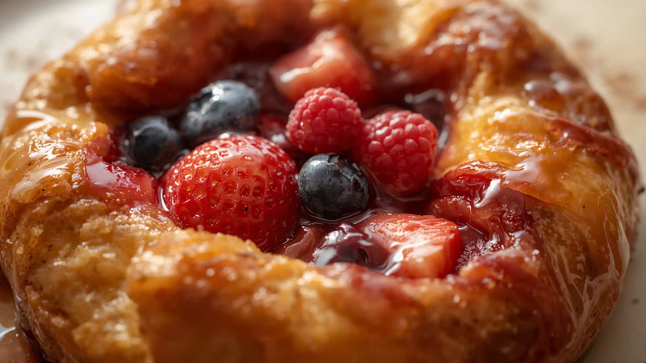 Camera shifting focus and zooming in to highlight glazed fruit pastry on white plate with berries