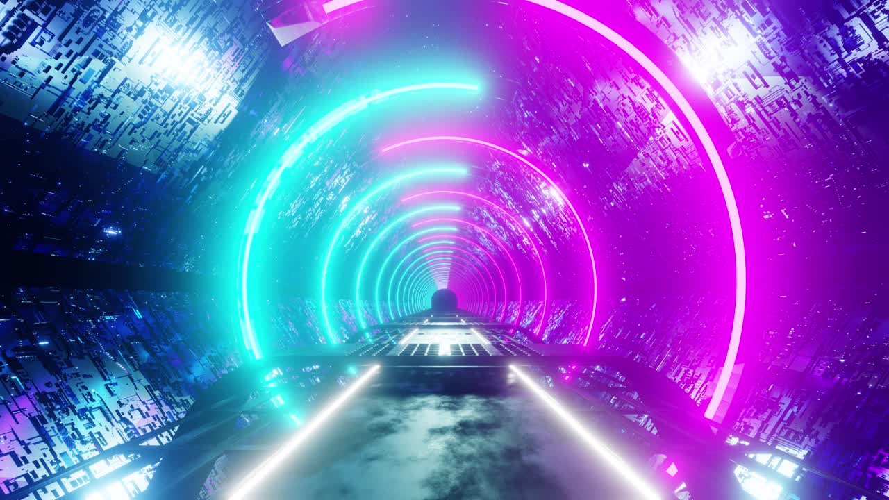 Futuristic moving tunnel with glowing lights. Infinite loop animation