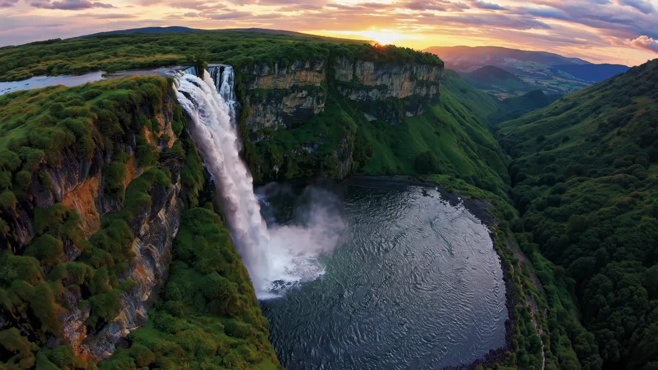 Luchtfoto van een waterval die neerstort in een ronde poel, omringd door weelderige kliffen bij zonsondergang