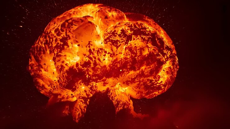 Dense fireball forming, flashing and breaking debris fragments, emitting sparks and embers in void