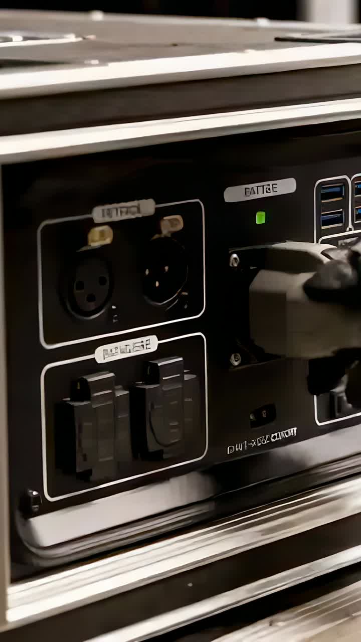 Vertical video: Panning camera after plug showing panel with XLRs in case, cable lighting green LED