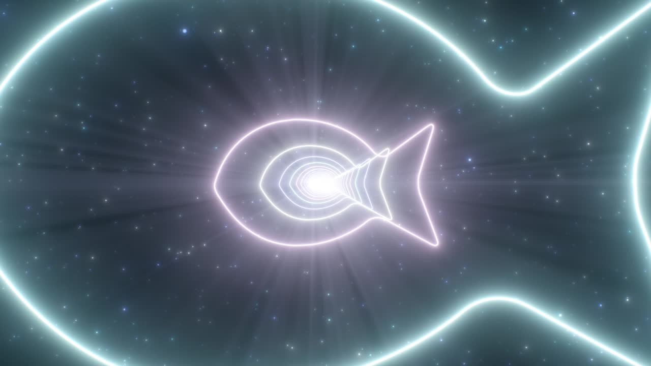 Simple Fish Outline Shape Blue Glowing Neon Lights Tunnel Wormhole - 4K Seamless VJ Loop Motion Background Animation