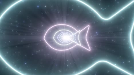 simple fish outline shape blue glowing neon lights tunnel wormhole - 4k seamless vj loop motion background animation