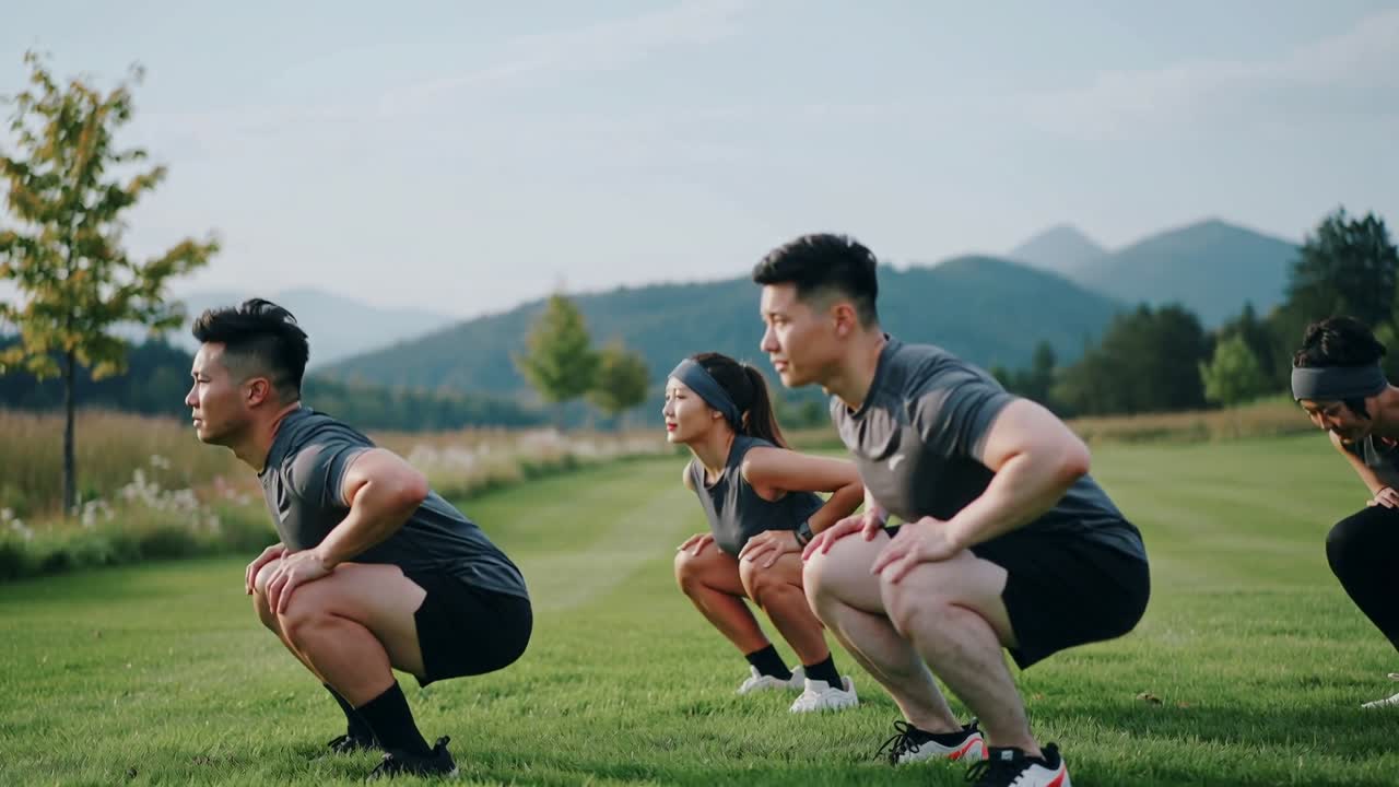 트레이너의 지시에 따라 잔디밭에서 회색 셔츠를 입고 피트니스를 위해 스쿼트를 하는 운동 그룹.