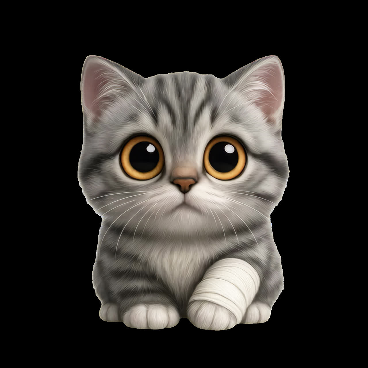 Adorable injured kitten portrait animation isolated asset, transparent 4K video, alpha channel