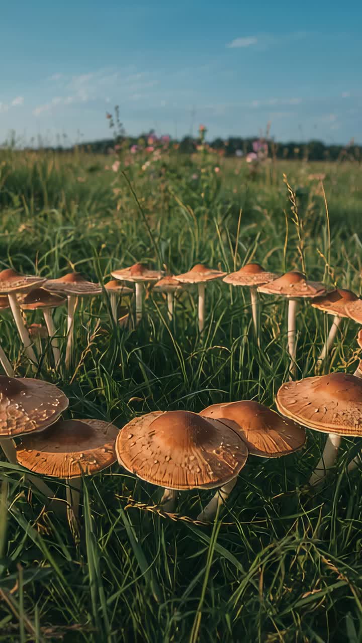 Vertical video: Pulling back camera showing brown mushroom ring among grasses, revealing treeline