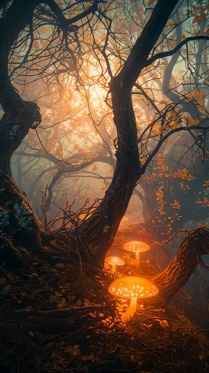 Vertical video: Mist thickening causing glowing mushrooms pulsing at twisted roots in clearing