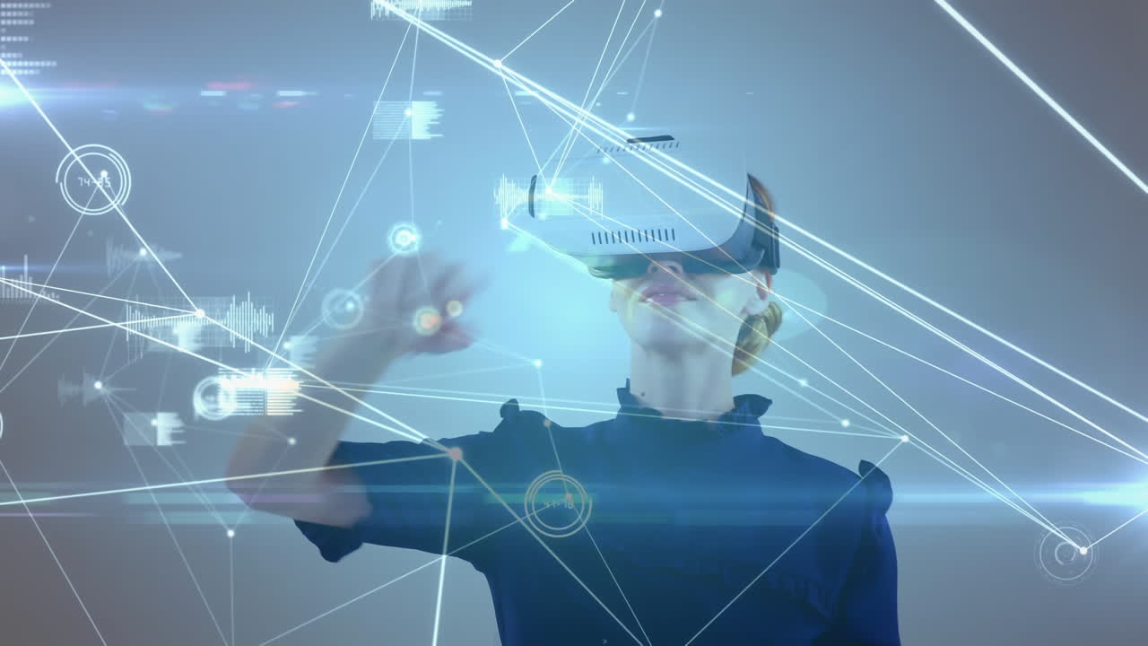 Animation of network of connections over businesswoman wearing vr headsets