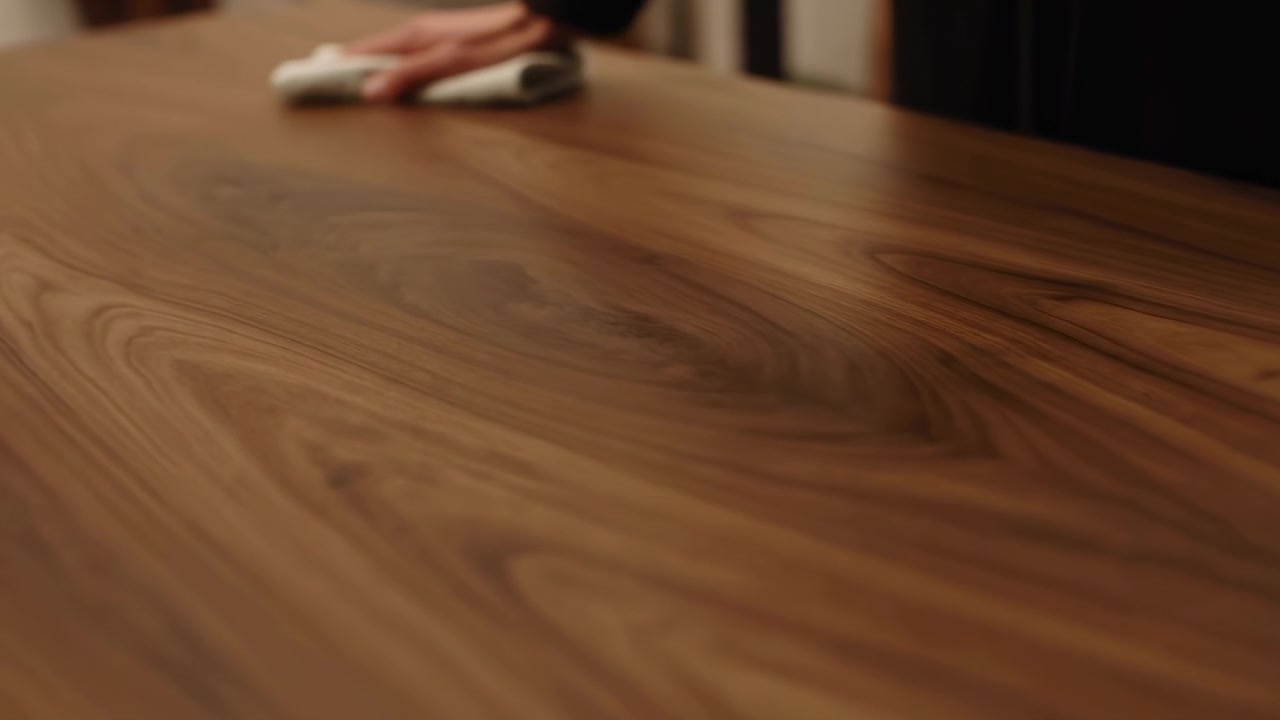 Close view follows hand pressing folded fabric over smooth wood as it slides across visible grain patterns, while warm indoor light highlights natural texture and gentle surface sheen.