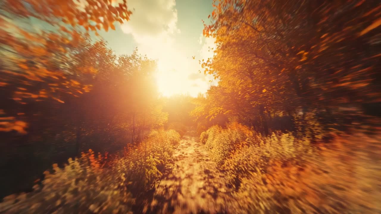 Starting camera moving down dirt trail through autumn forest, revealing sunlit clearing ahead