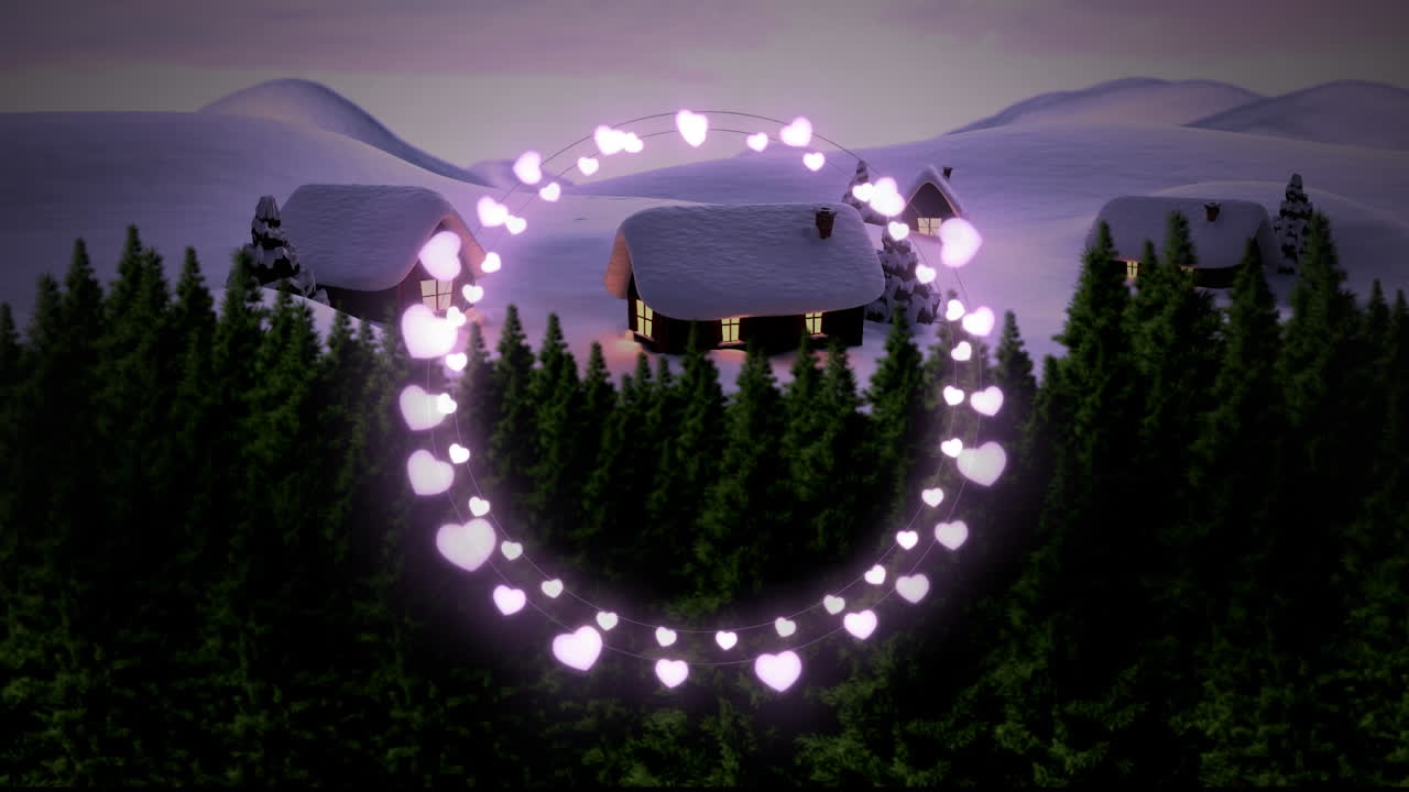Animation of fairy light frame with copy space over fir trees and winter scenery