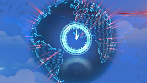 animación de un reloj moviéndose rápidamente sobre el globo girando en el fondo