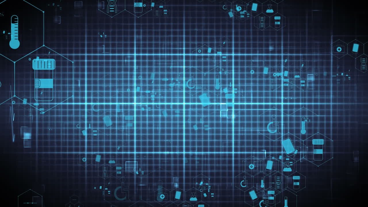 검은색 배경에 의료 아이콘과 데이터 처리를 가진 그리드의 애니메이션