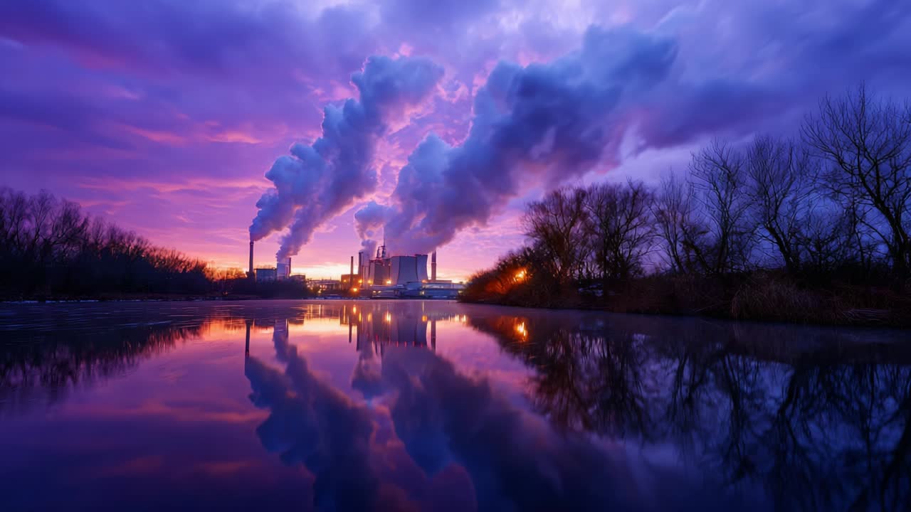 Oplyst industrielt landskab spejlet i roligt vand i skumringen, der fanger det dynamiske samspil mellem røg og farverig himmel, og viser skønheden og virkningen af menneskelig aktivitet på naturen