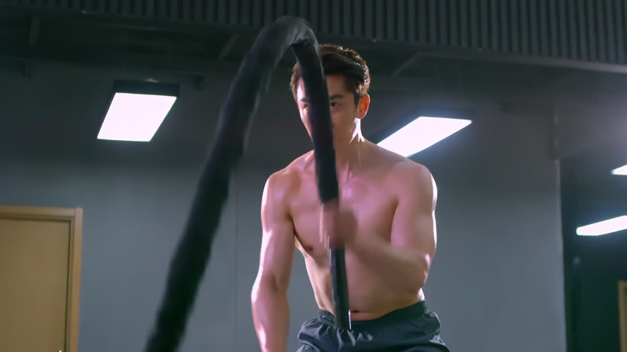 Athlete strong man in sport clothes doing battle ropes exercise workout at gym fitness