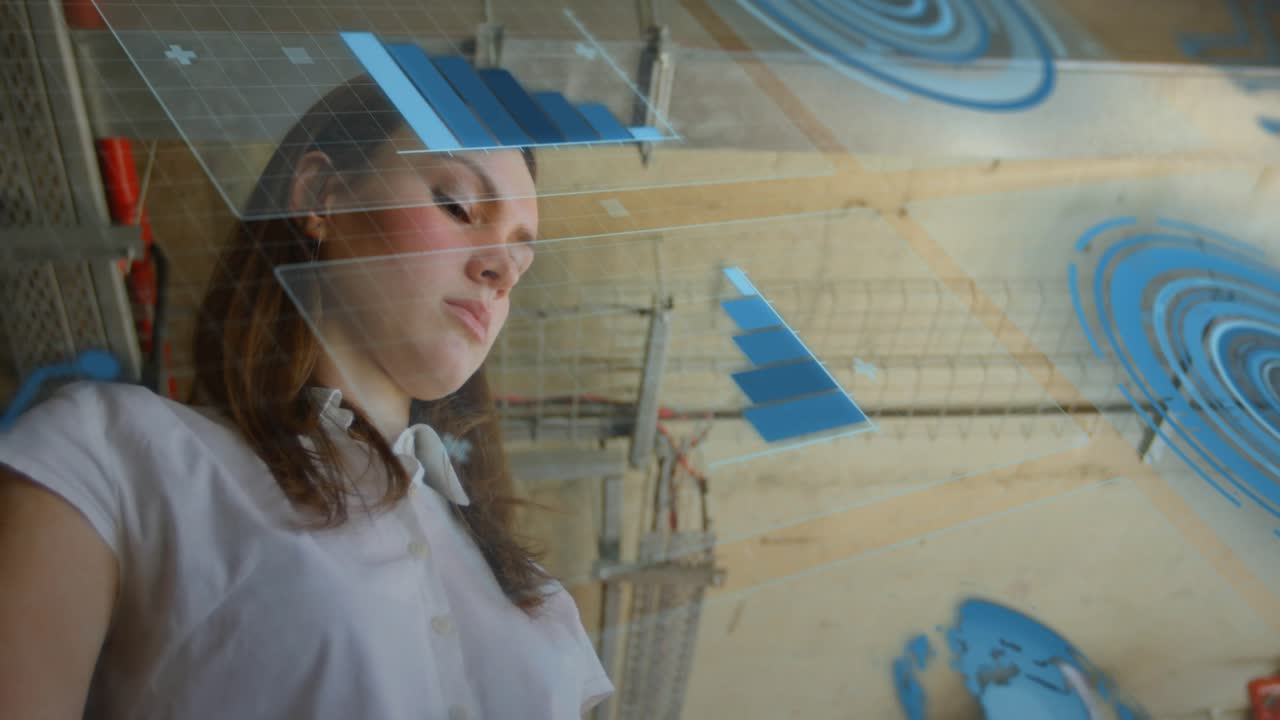 Woman tapping tablet screen in office, generating holographic circuits and charts for data review