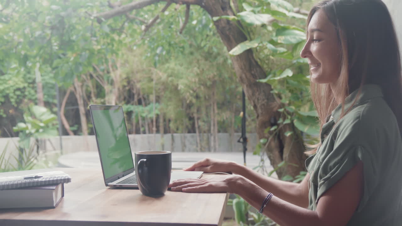 Woman Video Calling on Summer Terrace