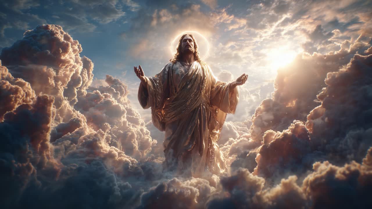 Una Figura Maestosa Illumina il Cielo Nuvoloso, Catturata dal Primo all'Ultimo Fotogramma, Incarnando Serenità, Divinità e Meraviglia Cosmica