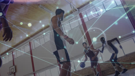 animation of networks of connections over group of diverse basketball players at gym