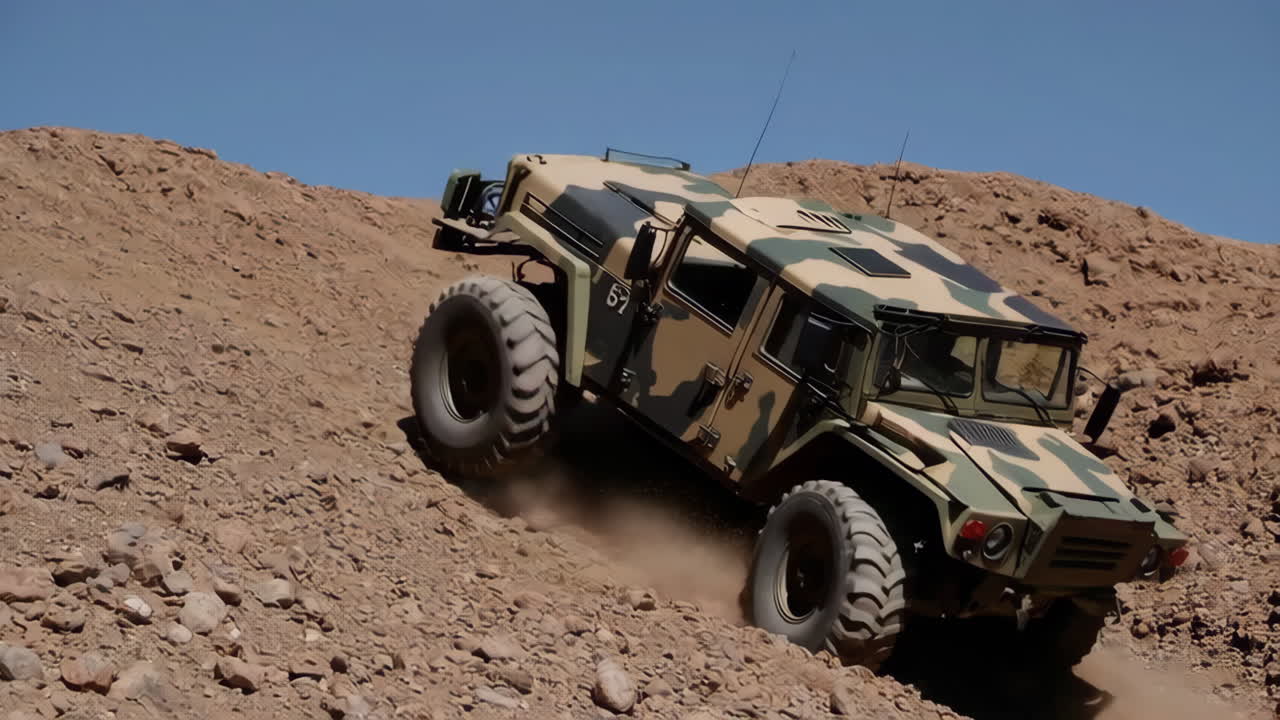 Military Vehicle Climbing a Desert Hill