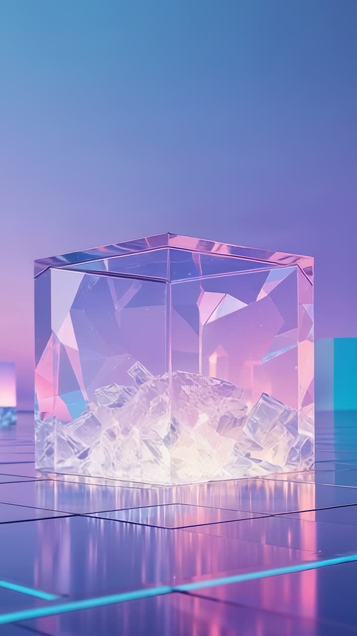 Vertical video: Starting camera orbiting cut-glass cube revealing glowing shards on grid floor