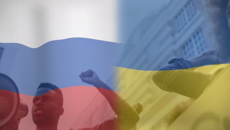 Animation-Der-Flagge-Russlands-über-Afroamerikanischen-Weiblichen-Und-Männlichen-Demonstranten