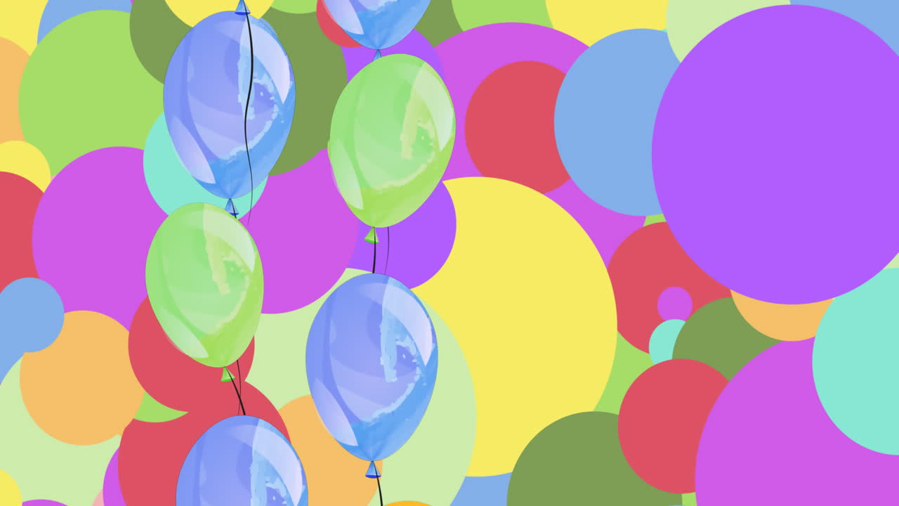 Animazione di emoticon su palloncini in movimento su cerchi multicolori