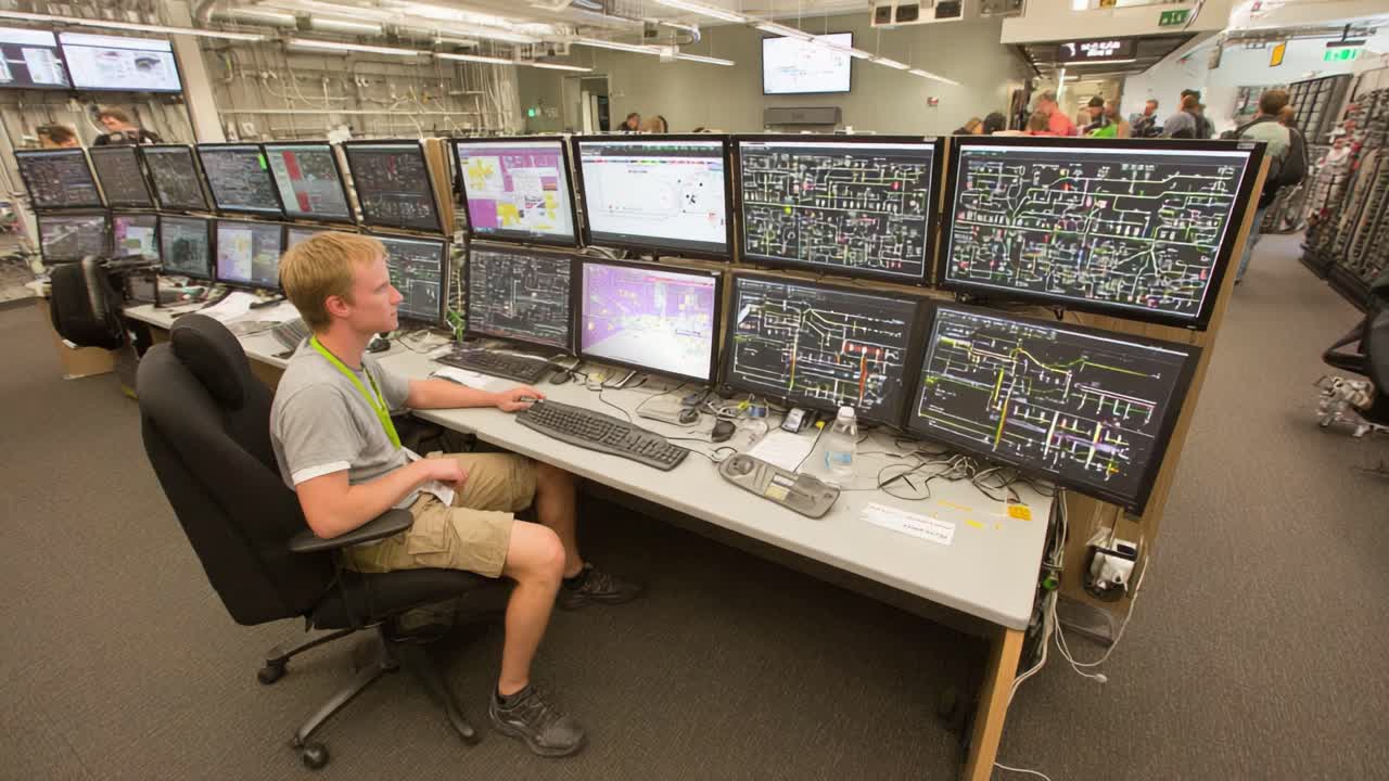 A Skilled Operator Manages Complex Data Streams on Multiple Monitors in a High-Tech Control Room Environment, Overseeing Systems with Precision and Focus