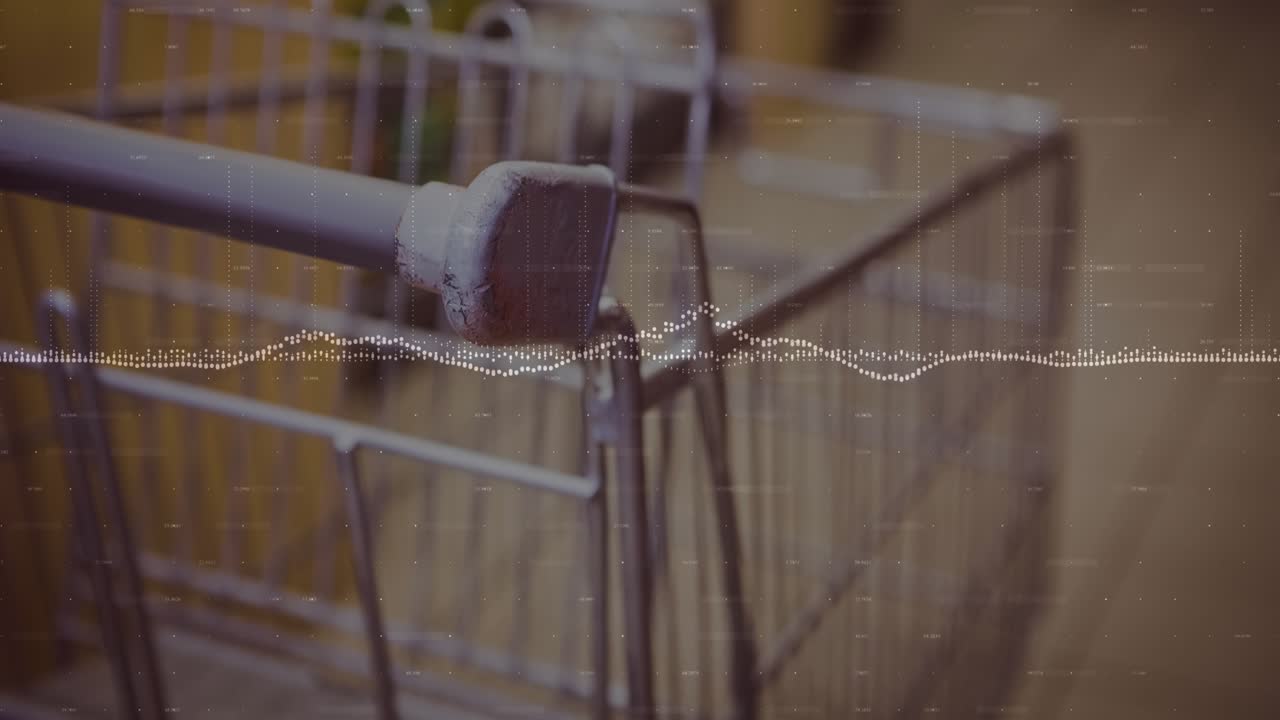 Dotted waveform reacting to cue, shifting and peaking over vintage cart closeup showing store sound