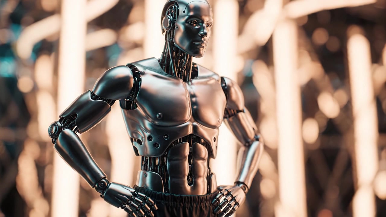 Futuristinen robottihahmo osoittaa voimaa ja tarkkuutta neonvalaisussa ympäristössä, vangiten edistyneen teknologian ja ihmismäisen läsnäolon olemuksen.