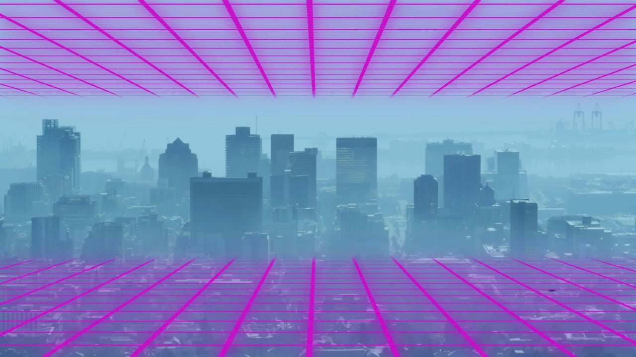 Paisagem Urbana Estilo Retro Synthwave com Sobreposição de Grade Neon