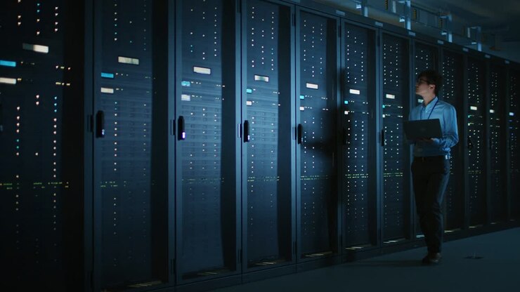 In Dark Data Center: Male IT Specialist Walks along the Row of Operational Server Racks, Uses Laptop for Maintenance. Concept for Cloud Computing, Artificial Intelligence, Supercomputer, Cybersecurity