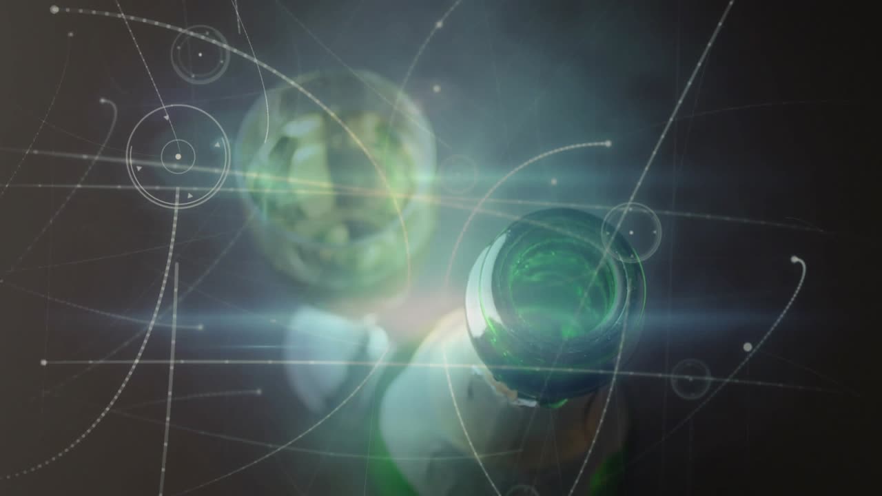 Lens flare brightening, HUD overlays emerging over green bottle neck and glass, showcasing product
