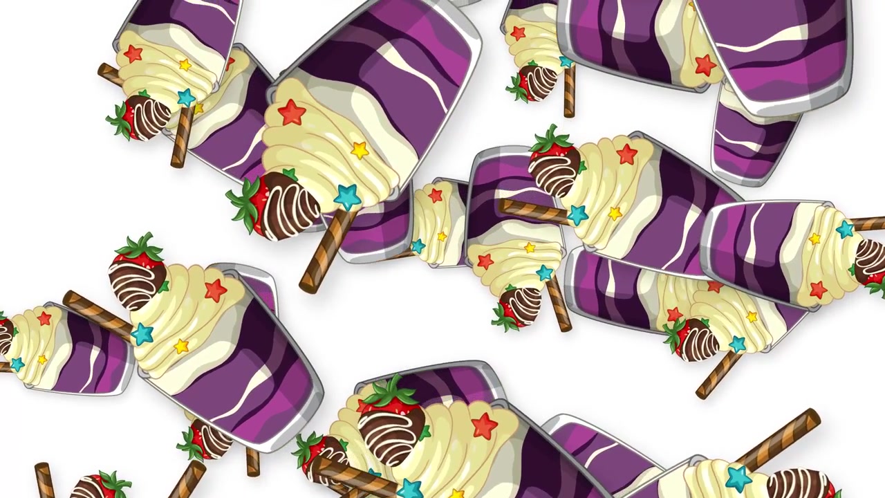 Copos de sobremesa em estilo cartoon com camadas roxas e chantilly caindo sobre um fundo branco