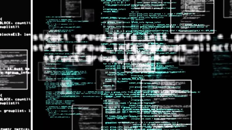 Digital animation of multiple screens with data processing against black background