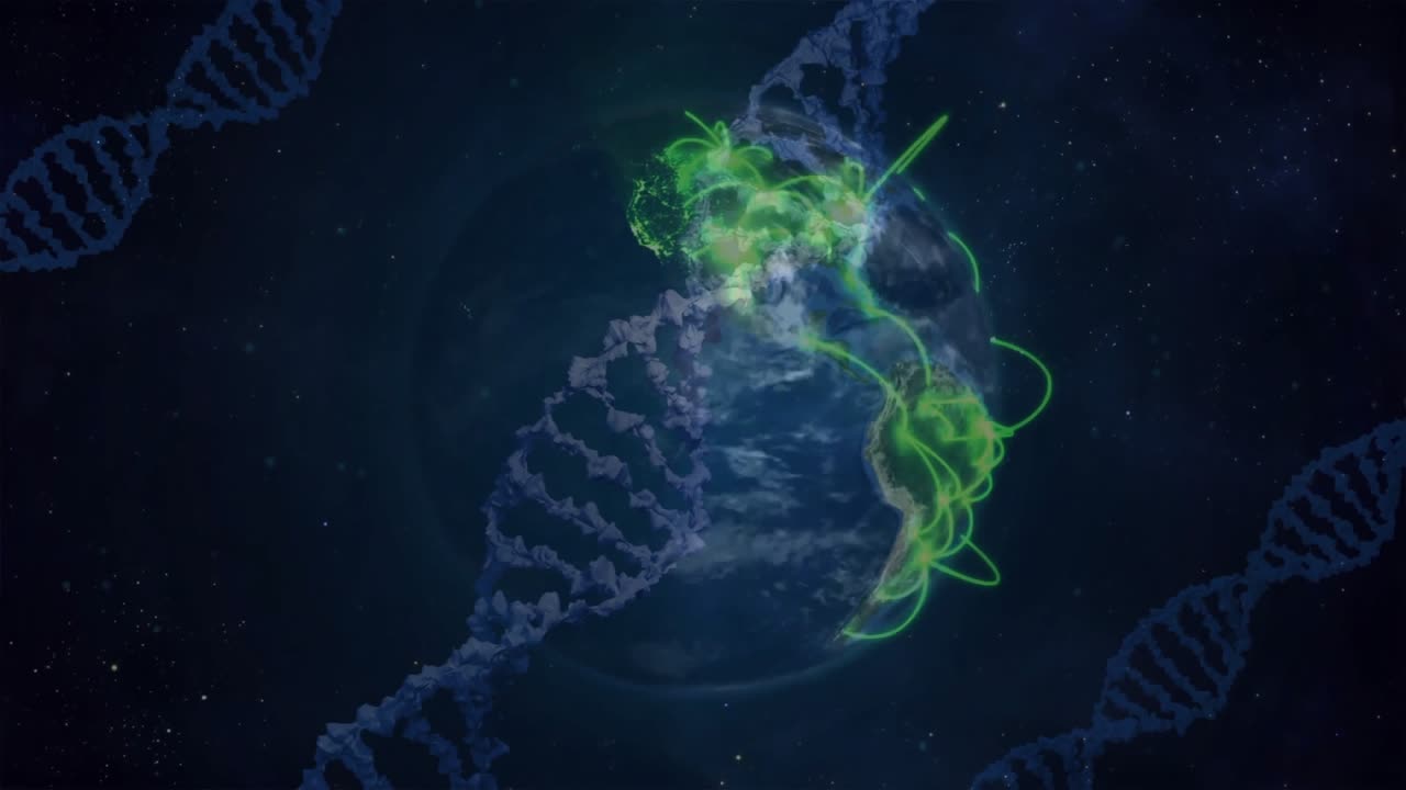 Bagliore che appare sui continenti, guidando flussi di energia basati sul DNA che si avvolgono a spirale intorno alla Terra collegando nodi