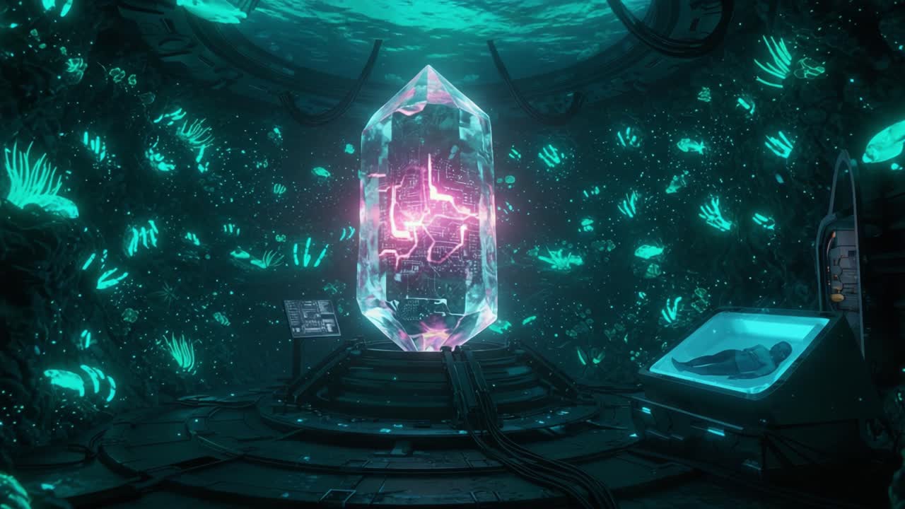 A Mystical Energy Crystal Surrounded by Ethereal Aquatic Life in an Underwater Facility, Glowing with Neon Colors and Intricate Patterns Captivating Explorers