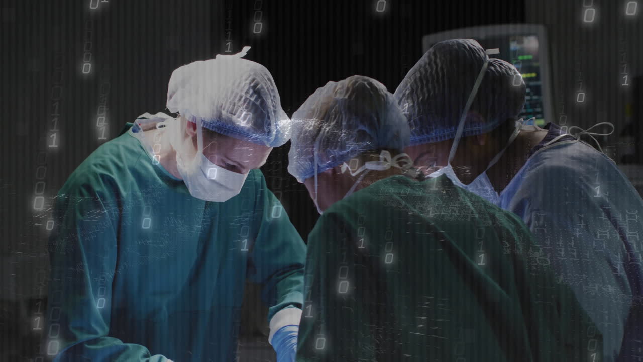 Surgeons in operating room with digital data processing animation overlay