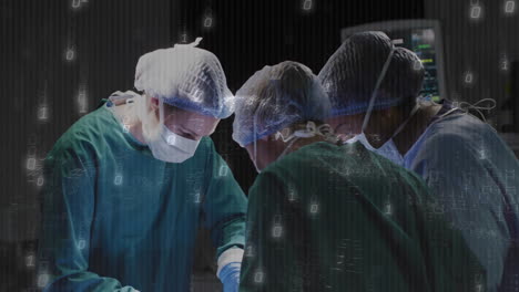 surgeons in operating room with digital data processing animation overlay