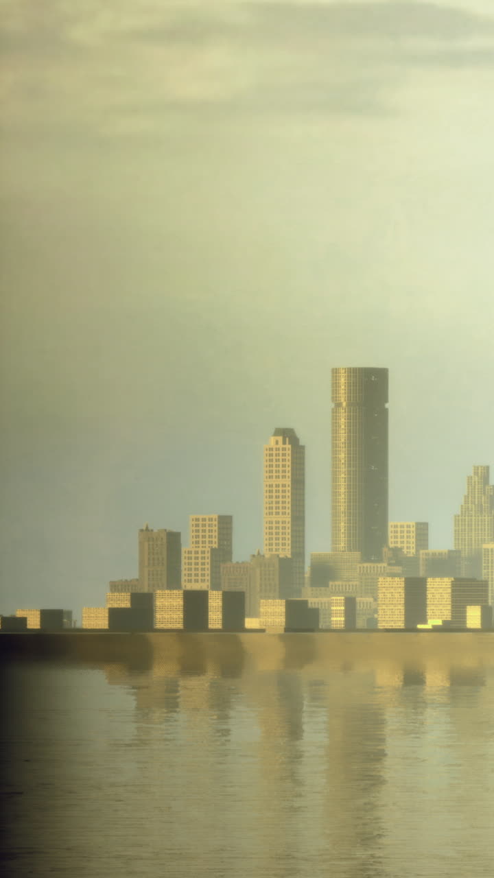 Vista del horizonte urbano con edificios y agua bajo la luz de la mañana cerca de la ribera