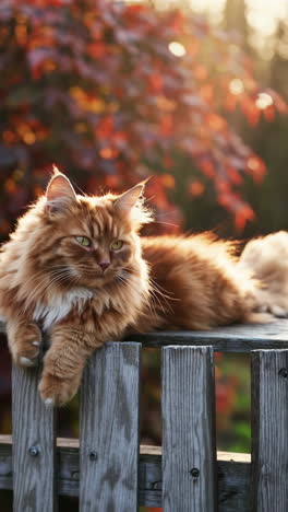 backlit ginger cat resting on a wooden fence in autumn